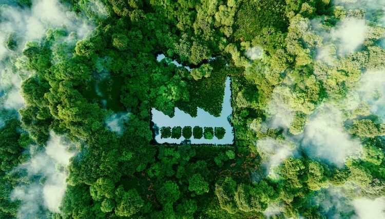 Grönska med bild av fabriksbyggnad