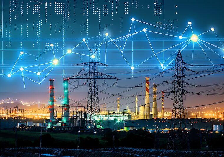 Industrianläggning och kraftledningar med graf över elpris och energidata i bakgrunden