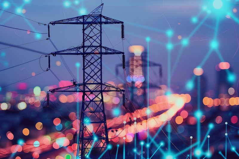 Industrianläggning med kraftledningar och rök mot kvällshimlen